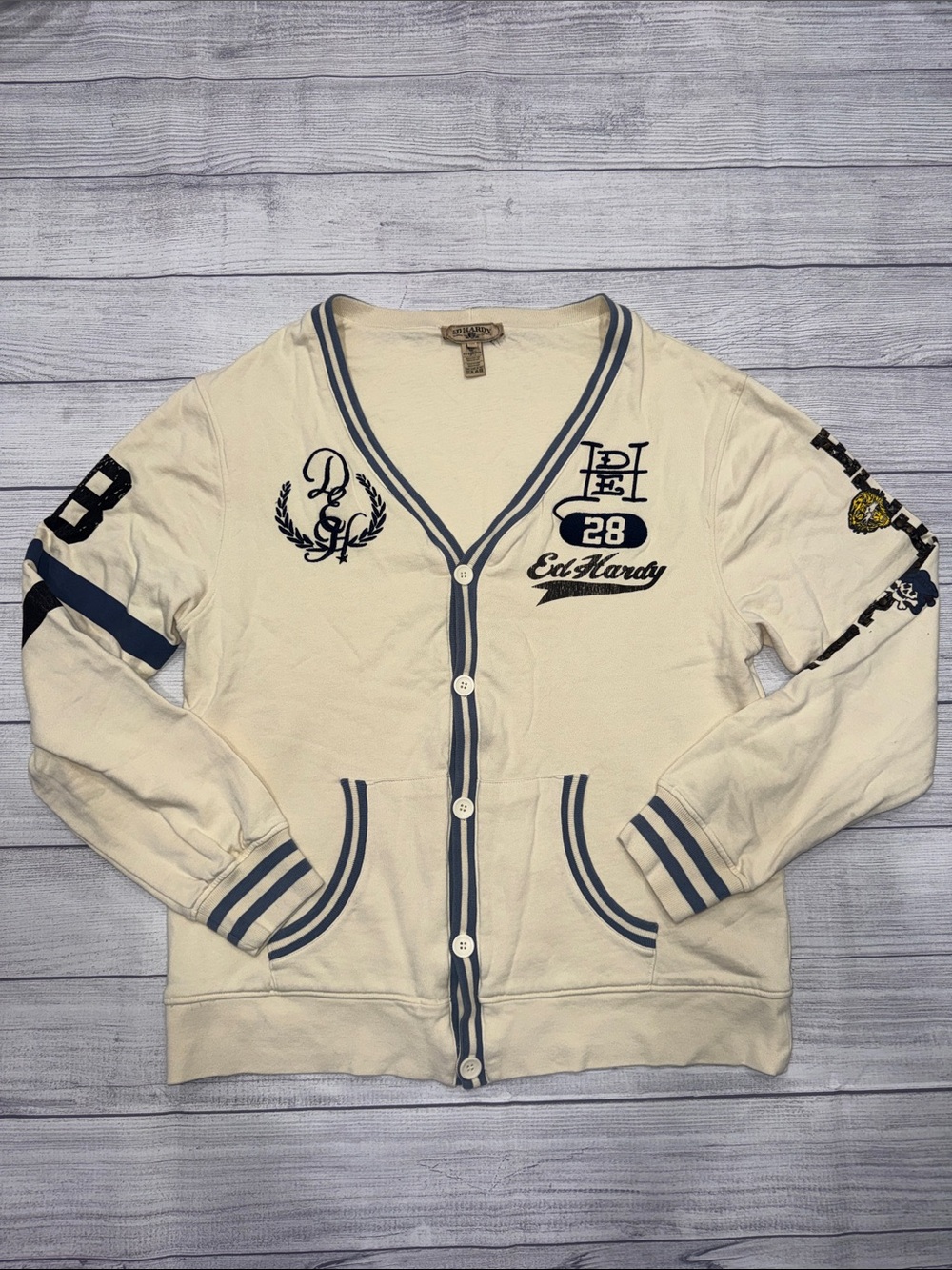 Ed Hardy “Oversized” Cream Cardigan with Navy Trim and Embroidered Logos